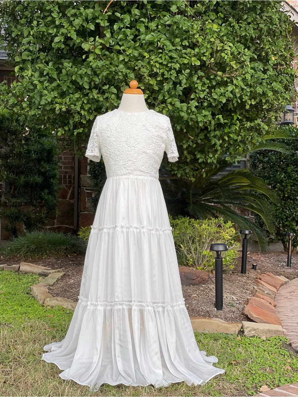 Vintage Style Flower Girl Communion Flowy Lace Chiffon Maxi Dress Open Back Sz 8